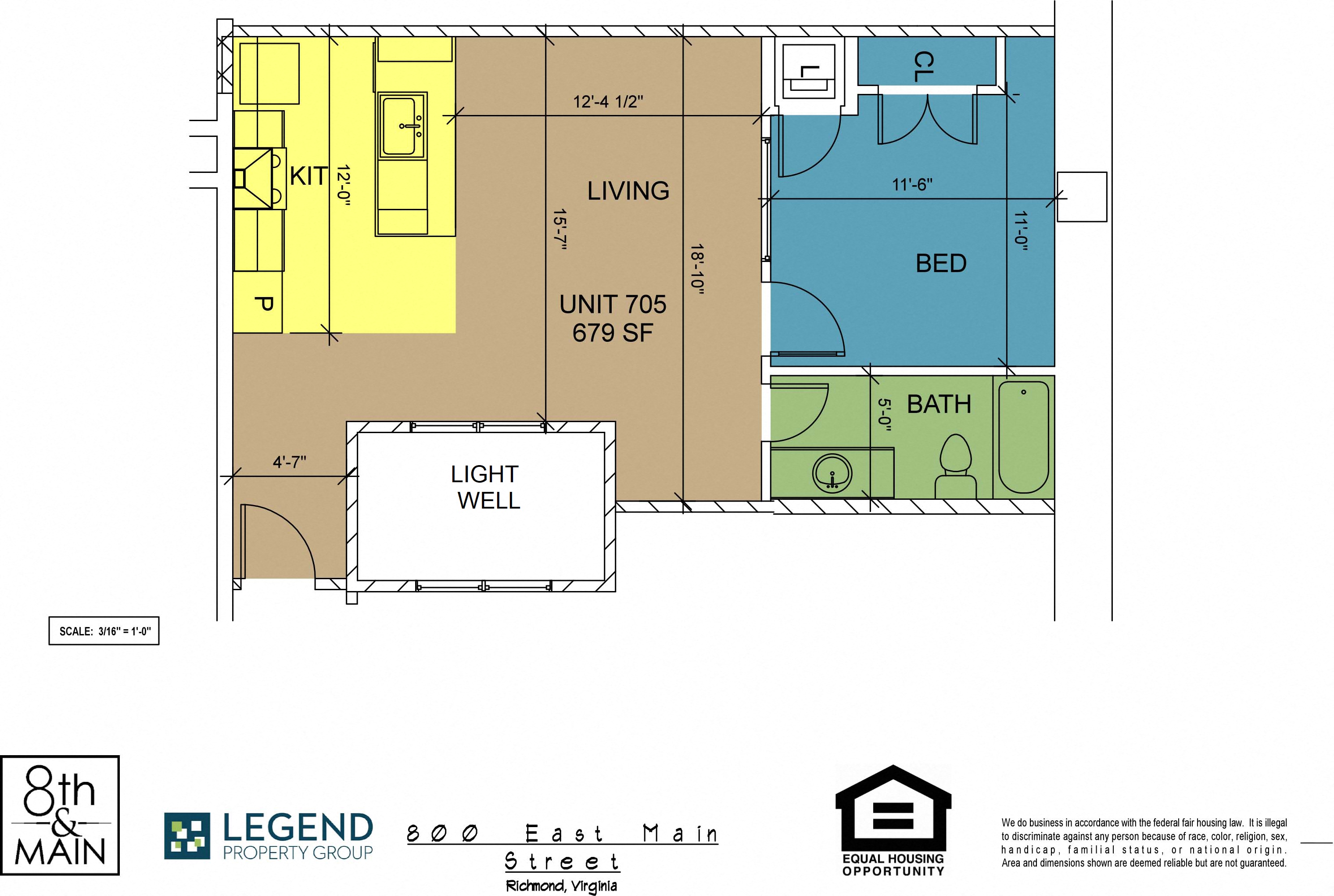 Floor plan for 1 bed, 1 bath, 679 sqft
